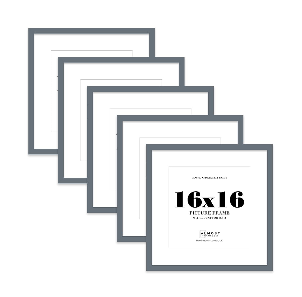 16x16 Grey Picture Frame with Mount for 14x14 Photos, Prints - Modern Square Wall Frame, Set of 5
