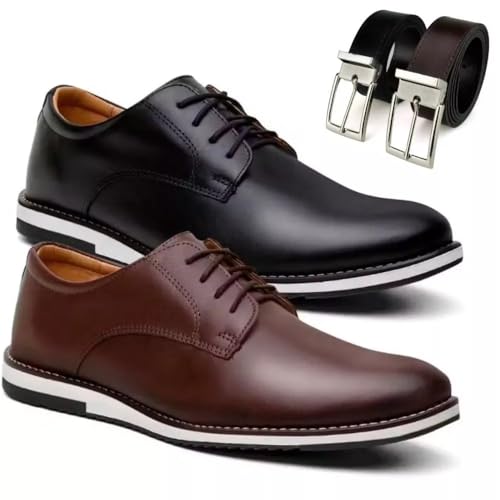 Kit 2 Pares Sapato Social Masculino Oxford Derby em Premium com Cinto Dupla Face, Estilo Confort (Preto/Cafe, BR, Adulto, Numérico, 40)