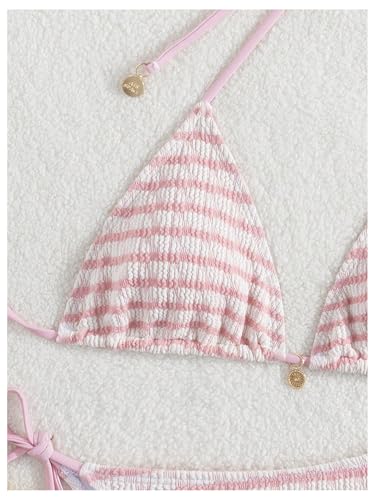 WDIRARA Women's Striped Halter Triangle Bikini Top Tie Backless String Swim Tops3