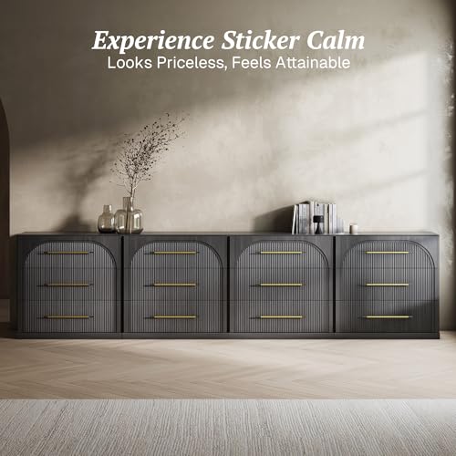 Image of BELLEZE Set of 4 Fluted Modular Sideboard Cabinet, Classic Modern Buffet Cabinet with 3 Drawers, 130'' Accent Credenza Cabinet for Living Room Kitchen Entryway (Ebony)