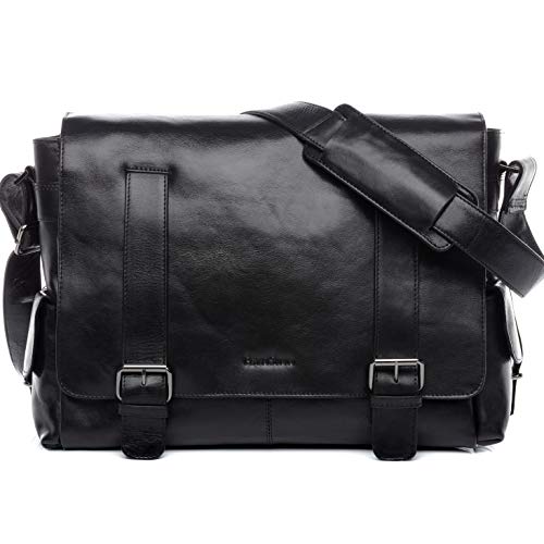 Feynsinn Real Leather Messenger Bag Ashton Xl Laptop Shoulder Bag Business Work 15 Inch Laptop Cross-Body Bag College 15.6" Men´s Bag Black #TOP16