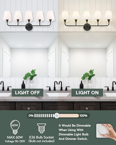Image of Bathroom Light Fixtures, 5 Light Matte Black Vanity Lights with Flared White Fabric Shade, 35 Inch Wall Sconce, Modern Sconces Wall Lighting for Hallway Bedroom, VL837-MB-5