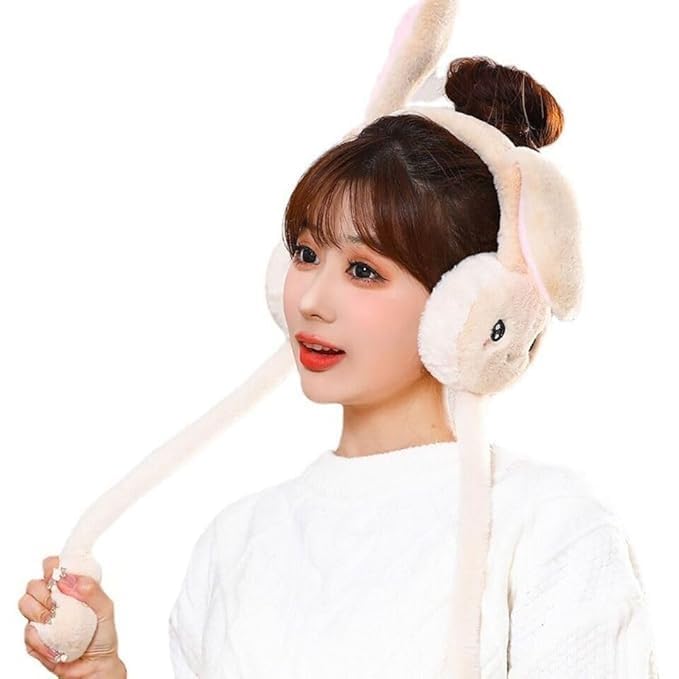 w+ Women Winter Plush Earmuffs, Moving Bunny Ear Warmer, Kids Girls Boys, Woolen Windproof, Foldable Knitted Rabbit Ear Muffs (White)-picture-39