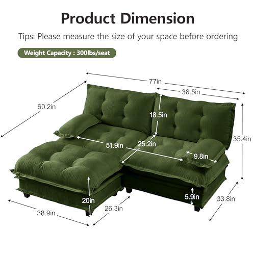 Image of 77 inch Sectional Sleeper Sofa with Ottoman, L Shaped Modular Deep Seat Couches for Living Room Apartment, Flexible Module Combination Cloud Sofa with Spring Support, Easy Assembly, Dark Green