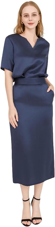 100% Silk 2 Piece Set for Women V Neck Short Sleeve Blouse and Midi Skirt 22 Momme Elegant Office Outfit or Party Wear