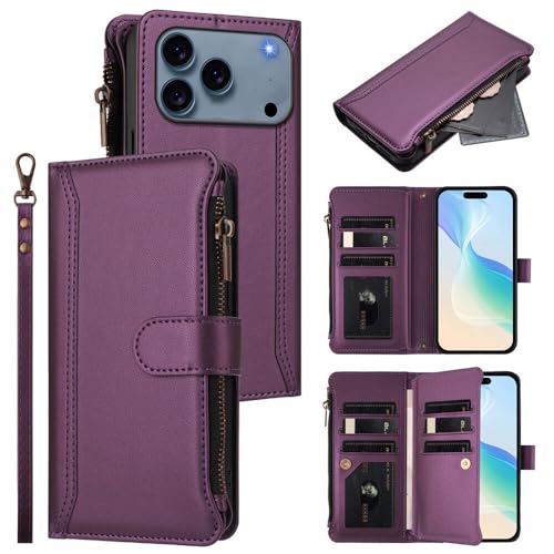 Étui en cuir iPhone 17 Pro violet haut de gamme à rabat et rangement cartes