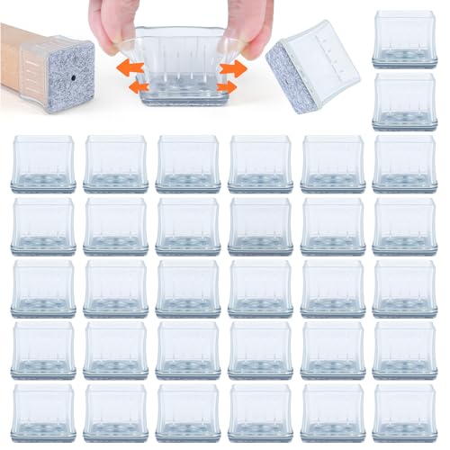 VABNEER 16 piedini per sedia, in silicone trasparente quadrato, con cuscinetti in feltro e guarnizione in metallo, per pavimenti in legno (quadrato 24-29 mm)