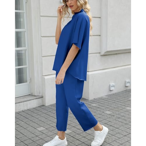 Image of SeeLuNa Women's Two Piece Outfits 3 /4 Batwing Sleeve Capelet Crew Neck Pullover Top Wide Leg Pants Lounge Set