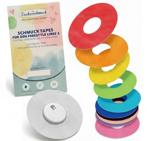Zuckerschmuck 10+1 Freestyle Libre 3 Tape runde Regenbogen Farbmix für Libre 3 CGM Sensoren ca. 6 3 cm Durchmesser sensitiver Klebstoff ohne IBOA hautschonend wasserfest und super flexibel