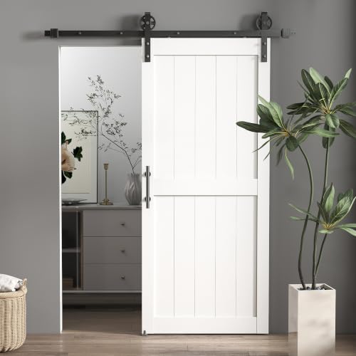 HOMCOM Puerta Corredera de Granero con Herrajes 91,5x213,4 cm Puerta Corredera de Interior con Manija Rodillo y Guía de Suelo Mejorados para Baño Salón Sala de Estar Blanco