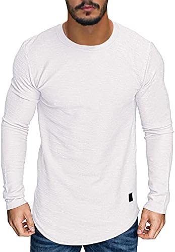 Men's Muscle T Shirts Crew Neck Stretch Workout Athletic Shirt Fashion Bodybuilding Gym Long Sleeves Tee Top White