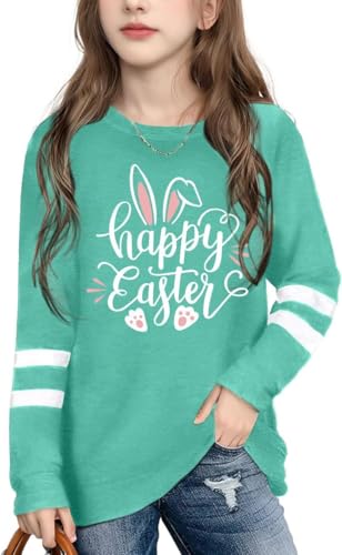 Image of LAZYCHILD Kids Easter Shirt Girls Happy Easter Shirts Rabbit Graphic Long Sleeve Striped Tee Tops 5-14 Years