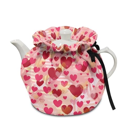 Image of Pink Heart Tea Cosy, Scratches-Proof Insulated Kitchen Teapot Dust Cover with Drawstring, Tea Pot Cozy Breakfast Warmer for Home Kitchen Table Decoration