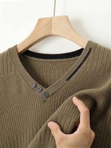 Men’s Autumn Winter V-Neck Wool Sweater Solid Knit Pullover Textured Loose Button Tops3
