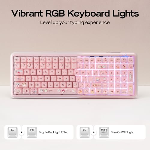 Image of MechLands X Maorbeng X100 PRO Membrane Gaming Keyboard with Number Pad, RGB Backlits, Wireless Computer Keyboard with 5000mAh Battery, BT /2.4G /USB-C Wired, 96% Layout for Windows /Mac /PC (Pink)