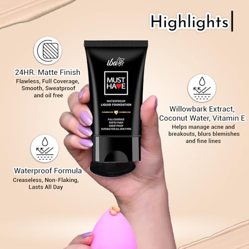 Iba Must Have Waterproof Liquid Foundation - Pure Ivory, 30ml | Full Coverage | Long Lasting | Oil Free & Lightweight Matte Finish | Face Makeup | 100% Natural | Halal Certified & Vegan Makeup