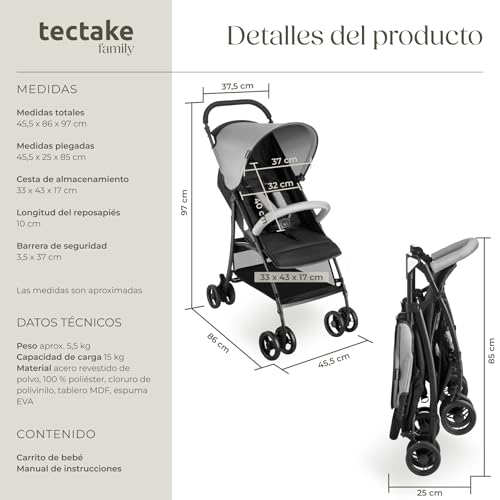 Miniatura 6 de Tectake Carrito De Bebé Plegable, Cochecito Bebé Con Arnés De 5 Puntos, Freno Y Barra De Seguridad, Buggy Con Respaldo Y Reposapiés Ajustables, Capota Plegable, Apto De 0 A 36 Meses, 15 Kg