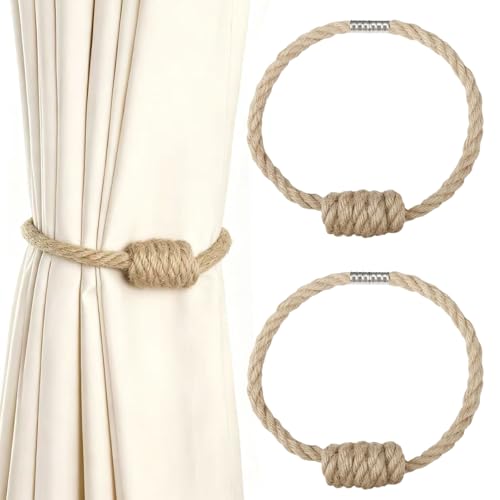 HedongHexi 2 Pack Jute Magnetic Curtain Tiebacks with Rope Knot (Jute,2P)
