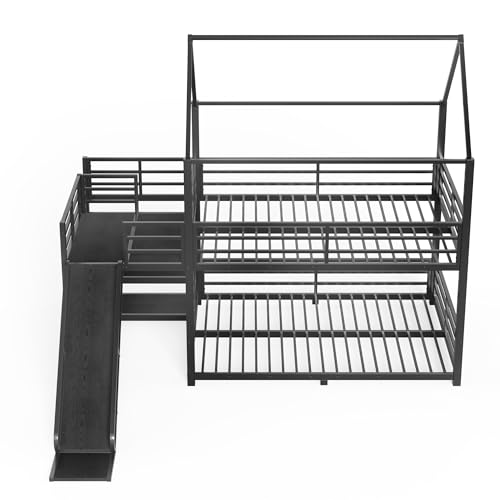 Image of Bellemave Metal Bunk beds Full Over Full with Slide and Storage Stairs, House Floor bunk Bed with guardrail for Kids,Black