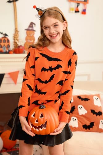 Image of Girls Halloween Pattern Knit Sweater Funny Pullover Y2K 6-14 Years