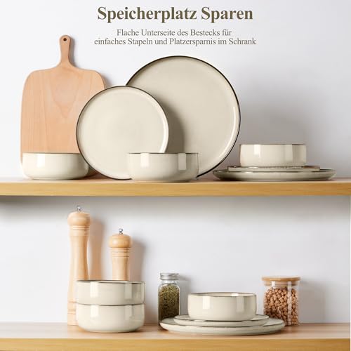 Joyfair Geschirrset 6 Personen, 18-tlg Steinzeug Tafelservice Set, Kratzfest Reaktive Glasur Geschirr Set mit Speiseteller, Dessertteller, Müslischalen, Mikrowellen- & Spülmaschinenfest, Riff Khaki
