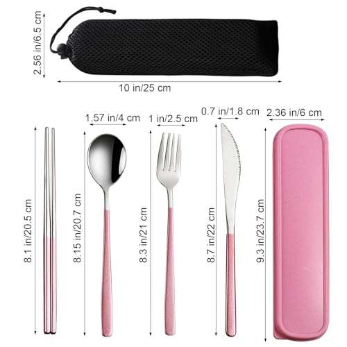 VANRA 4-Piece Portable Travel Utensils Set with Case 18/8 Stainless Steel Flatware Set Reusable Cutlery Set with Fork Spoon Knife Chopstick for Lunch Travel Camping School Work Picnic (Pink) by VANRA - Image 2