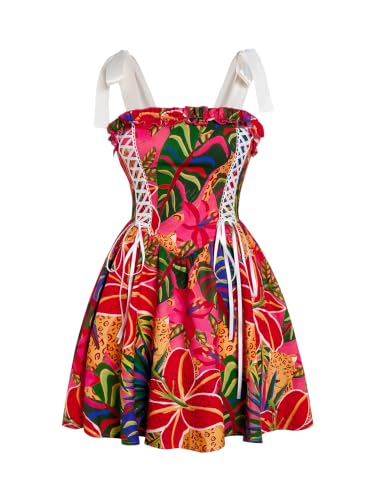 Image of Milumia Women's Floral Tie Shoulder Cami Dress Lace Up Side Vintage Flared Short Dresses