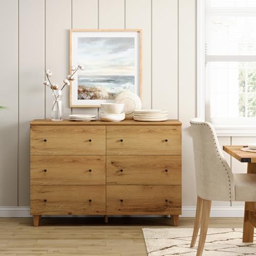 Image of WAMPAT Bedroom Dresser with 6 Drawers, Modern Chest of Drawers with Black Knobs, Wide Oak Brown Wood Finish Storage Organizer for Kids Room, Living Room, Nursery, 47.2x15.5x32.4