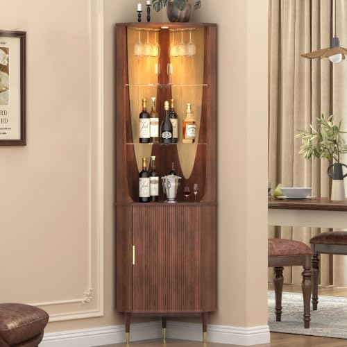 JOINICE Tall Corner Bar Cabinet for Liquor,Mid-Century Modern,Walnut,70"