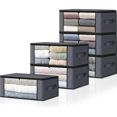 HomeHacks 6-Pack Clothes Organizer Storage Bags Foldable Storage Box with Large Clear Window Sturdy Handles for Closet, Dorm, Pillows, Bedding, Clothes, Stuffed Toys, Blankets, 35L, Grey Cover