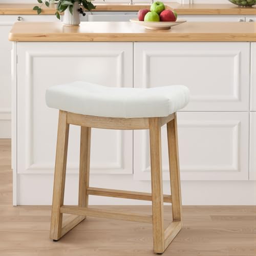 Image of 24 Inch Counter Height Bar Stool, Backless Upholstered Bar Stool with Wood Legs, Modern Farmhouse Saddle Stool for Kitchen Island, Home Bar, Ivory Fabric