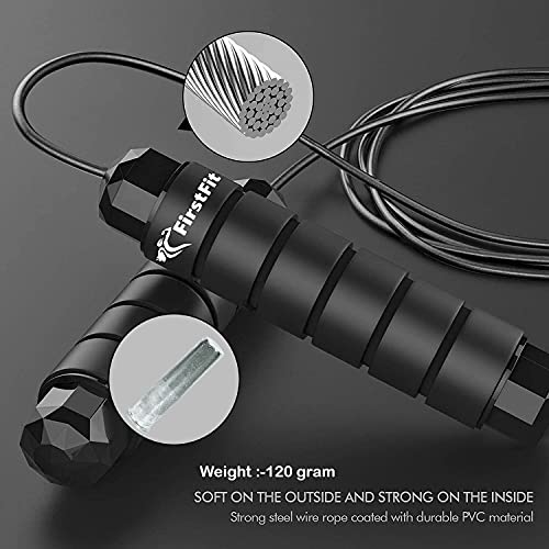 Image of FirstFit Jump Rope Tangle-Free Rapid Speed Jumping Rope Cable with Ball Bearings for Women, Men, and Kids, Adjustable Steel Skipping Rope with Foam Handles for Gym Fitness with Pair of 120gm Weight - Assorted Color