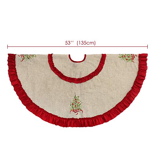 Christmas Tree Skirt 53 Inch, Large Linen Burlap Tree Skirt With Red Ruffled Trim For Xmas Party Holiday Decorations #TOP4