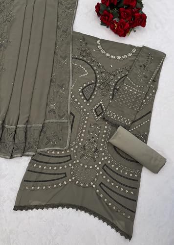Image of RUDRAPRAYAG Women's Georgette Fabric Wih Embroidered Sequence Work And On Neck Moti Hand Work Semi Stitched Sharara Salwar Suit With Dupatta Set
