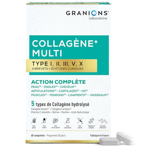 MULTI Collagene - 5 Types de Collagène - GRANIONS Collagène N°1 en Pharmacies - Collagene Marin Poudre - Collagene Marin + Vitamine C - Biotine - 20 études cliniques - Goût Citron - 60 comprimés