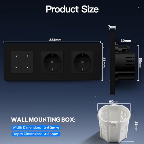 BSEED Normal Doppelt Steckdose mit Smart Lichtschalter(Neutralleiter Erforderlich), WIFI Schalter Unterputz Kompatibel mit Alexa und Google Home, Taster Schalter 4 Fach 1 Weg mit PC Rahmen, Schwarz
