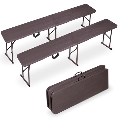 Folding Bench 2 Pack, 6FT Plastic Foldable Bench with Handles, Outdoor Portable Stackable Bench for Party Camping and Picnic, Brown