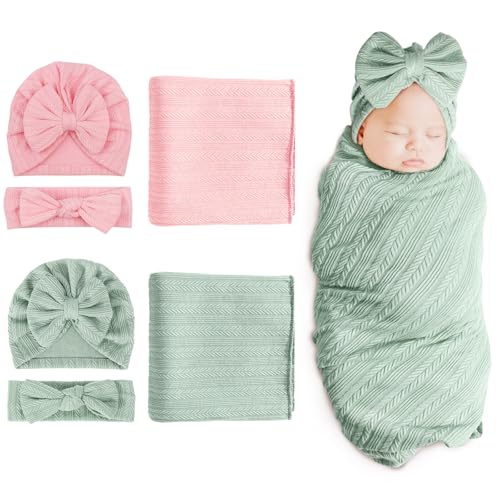 Image of BQUBO Newborn Receiving Blanket Headband Hat Set for Baby, Unisex Baby Boys Girls Essentials, Newborn Registry Must Haves, Stroller Crib Shower Gifts