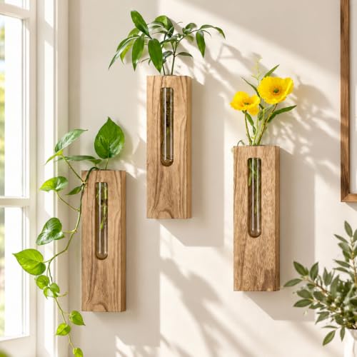 Walasis Wood Wall Vase with Glass Tube for Plant Propagation
