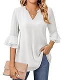 White Blouses 3/4 Sleeve Womens Tops Dressy Casual Notch V Neck Chiffon Blouse Flutter Double Layer Bell Sleeve Blouses Ladies Business Attire Work Professional Flowy Tunic Shirts No Iron XX-Large