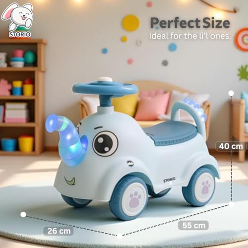 Image of Storio Elephant Baby Ride-On Car Toy with Light and Music - Navy Blue | Push Car for Kids with Backrest & Steering, 1-3 Years