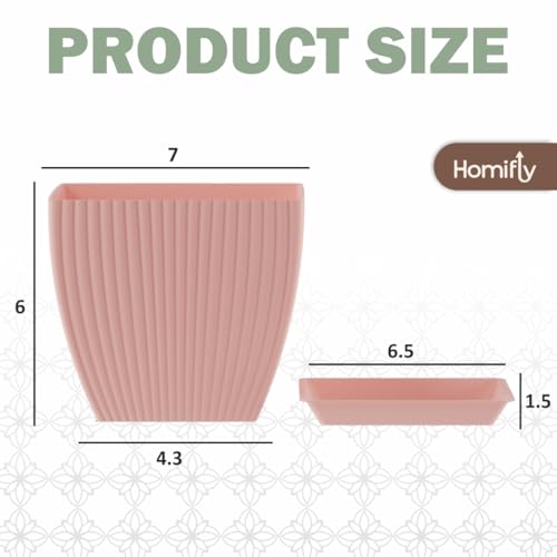 Image of HOMIFLY 5 Pack Plastic Square Flower Pots with Drainage & Bottom Tray /Lightweight, UV & Weather Resistant /6.5 Inch Planters for Indoor /Outdoor /Home /Balcony /Terrace /Garden Plant Pots (Baby Pink)