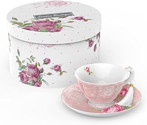 London Boutique Tea Cup and Saucer Set 1 Afternoon Tea Set New Bone China Vintage Flora Gift Box 200m (Pink)