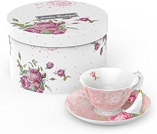 London Boutique Tea Cup and Saucer Set 1 Afternoon Tea Set New Bone China Vintage Flora Gift Box 200m (Pink)