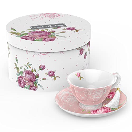 London Boutique Set di tazze e piattini in porcellana inglese, stile vintage, rosa, motivo floreale, 200 m