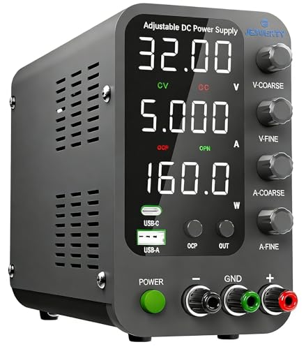 Jesverty DC Power Supply Variable, 0-30V 0-5A Switching Bench Power Supply with 20W USB & Type-C Quick-Charge, Encoder Corase & Fine Adjustment Knob, Output Switch, 4-Digit LED Display - SPS-3005V