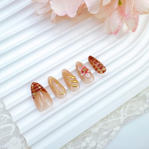 30Pcs 3D Flower Press on Nails Medium Almond French Tip Fake Nails with Gold Beads Lines Designs Pink Dot Flowers False Nail Kit Reusable Fall Acrylic Nails Full Cover Stick on Nails for Women - Thumbnail 3