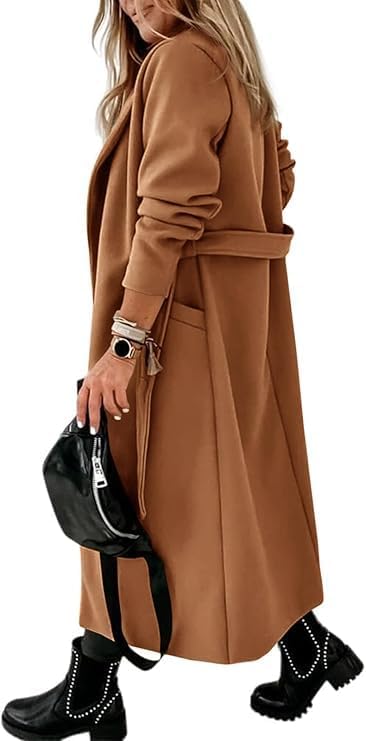 Tankaneo Womens Notched Lapel Collar Coats Open Front Long Jackets Overcoat with Belt - Image 5