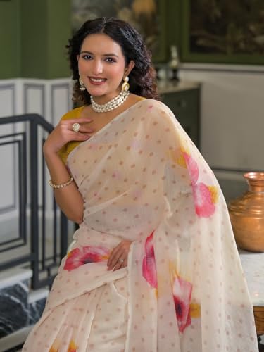 Image of SIRIL Women's Cotton Linen Printed Zari Border Saree with Unstitched Blouse Piece