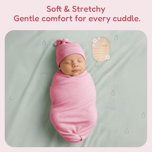 Image of Stretchy Swaddle Blanket for Newborns with Hat & Hello World Card-Soft Baby Swaddles 0-3 Months,47 inchx 47 inchSupersoft Swaddle Blanket,Receiving Blanket for Boys & Girls (Sweet Pink)
